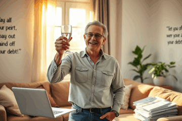 Pessoa sorridente celebrando a quitação de dívidas e segurança financeira.